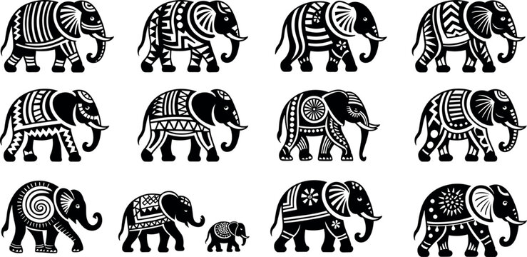 Decorative elephant vector illustration set featuring black and white tribal ethnic patterns and ornate geometric silhouettes