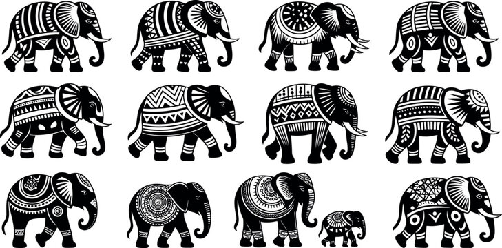 Decorative elephant vector illustration set featuring black and white tribal ethnic patterns and ornate geometric silhouettes