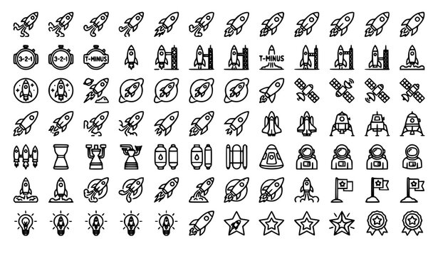 Rocket Takeoff Outline Icons Set Launch Fire and Smoke Editable Stroke Vector