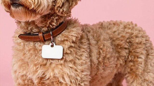Close-up of a fluffy, light-brown dog wearing a brown leather collar with an empty white identification tag. The background is a solid soft pink color.
