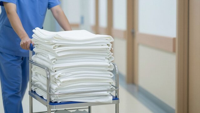 A person in blue scrubs pushes a metal cart loaded with neatly folded white linens down a bright, sterile hospital hallway.