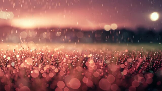 Rain falling on green stadium grass at sunset with bokeh lighting