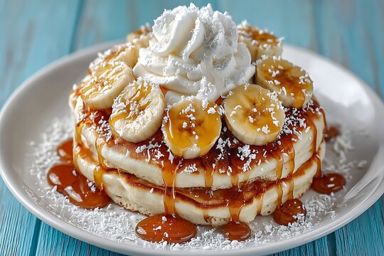 Delicious banana pancakes topped with whipped cream caramel syrup and coconut flakes on a white plate