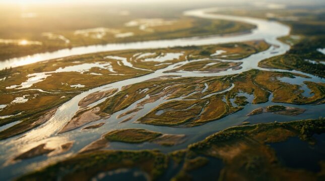Winding River at Sunset: An aerial view captures the intricate meanders of a wide river as it flows through a textured landscape, illuminated by the golden light of a setting sun.