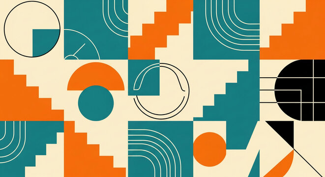 Abstract geometric pattern with circles, arcs, and stairs in teal, orange, and cream, representing minimalist design and modern art