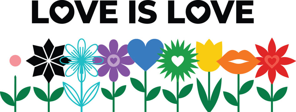 Love is Love LGBTQ Pride Quote with Rainbow Flag Colored Geometric Flowers and Hearts Vector Illustration for Pride Month Greeting Card Designs