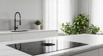Fototapeta premium Modern kitchen counter showcasing a sleek induction hob and integrated ventilation, a symbol of contemporary home design and culinary efficiency