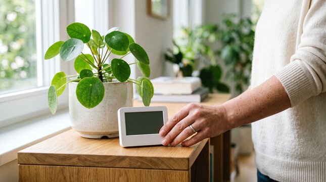 An adult places a small indoor air quality monitor on a wooden shelf beside a houseplant. The image represents healthy home living, air quality awareness, wellness, and smart home technology.