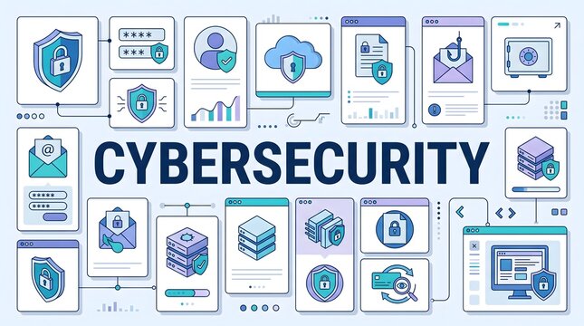 Comprehensive cybersecurity system presentation with software application icons