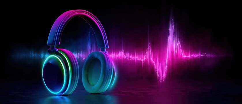 Neon headphones with sound wave
