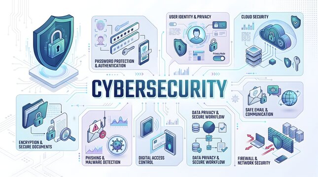 Isometric cybersecurity and user privacy data workflow infographic diagram