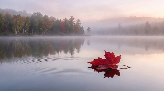 A single red maple leaf floats on serene water with gentle ripples, surrounded by misty autumn trees and soft sunrise light, symbolizing fall's ephemeral beauty and tranquility