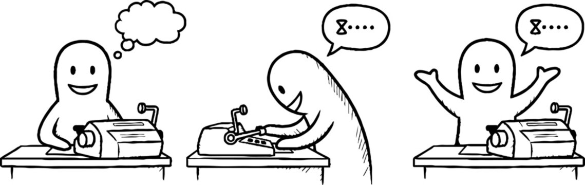 Cartoon ghosts typing on old typewriters with expressions.