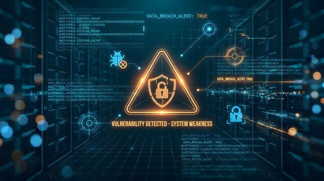 Data breach alert and system weakness detected on server background