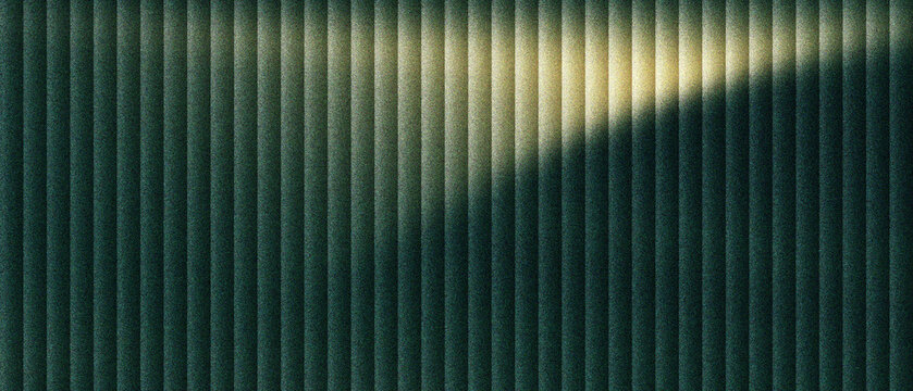 Industrial corrugated metal texture with dramatic light beam. Dark teal ribbed steel wall background with diagonal sun flare. Minimalist architectural metal paneling for modern design projects.