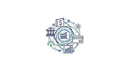 Fototapeta premium Global banking network icon with various financial service symbols.