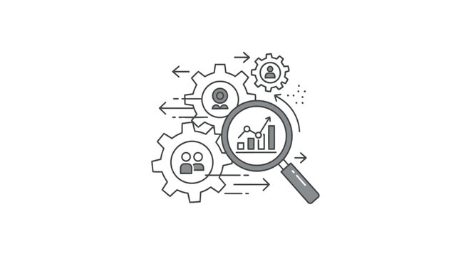 Gears and magnifying glass icon for workforce process optimization.