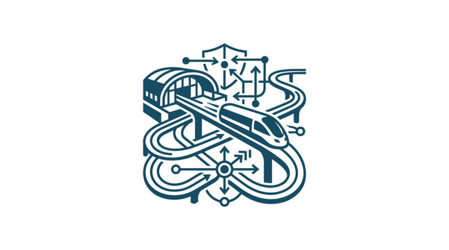 High speed futuristic maglev train transit network logo.