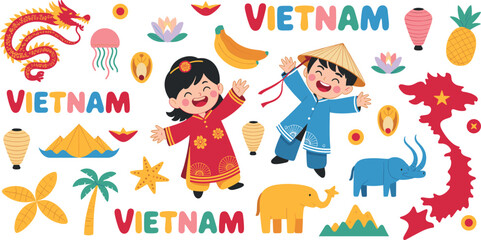 Fototapeta premium Cute Vietnam travel vector illustration set featuring traditional kids clothing map dragon lotus lanterns and cultural elements