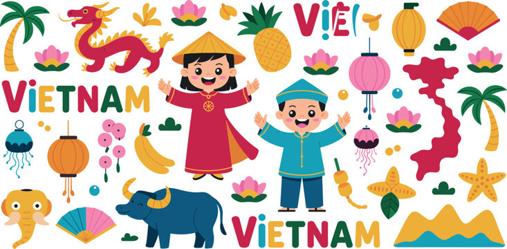 Cute Vietnam travel vector illustration set featuring traditional kids clothing map dragon lotus lanterns and cultural elements 
