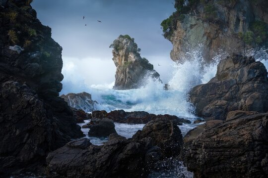 Coastal cliffs with sea waves crashing and mountain rocks