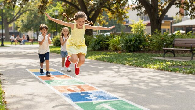 Children joyfully playing hopscotch on a colorful painted path in a sunny park. A girl leaps mid-air while others clap and follow, surrounded by greenery.