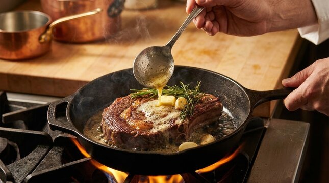 Searing Succulence: A chef bastes a prime cut of steak with aromatic butter and herbs in a sizzling cast-iron skillet, flames licking the pan, promising a culinary masterpiece.