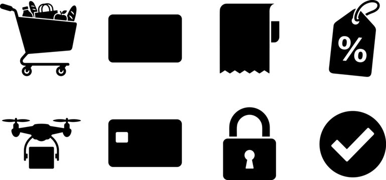 E-commerce and Retail Shopping Icon Set with Shopping Cart Credit Card Discount Tag and Delivery Drone