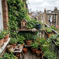 Fototapeta premium Urban balcony transformed into a lush green plant oasis.