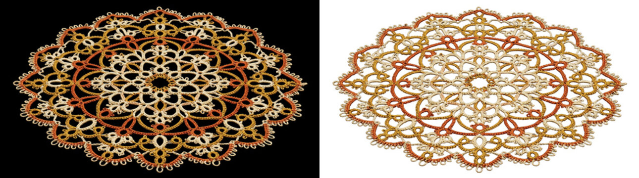 Classic round tatting lace doily with elegant floral motifs on png background