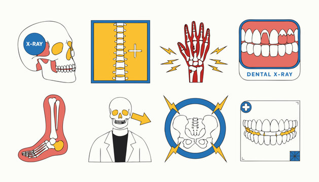 Collection of medical diagnostic icons depicting skeleton parts and dental xray imagery.
