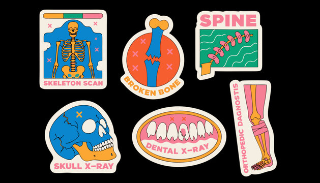 Medical diagnostic icon set featuring skeleton scan broken bone skull and dental x-ray art.