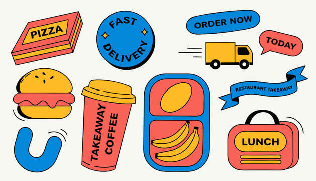 Fast food delivery service icons for pizza burger coffee and lunch.