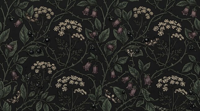 Victorian Poison Garden Seamless Pattern with Belladonna Queen Anne's Lace Death's Head Moths on Black Background