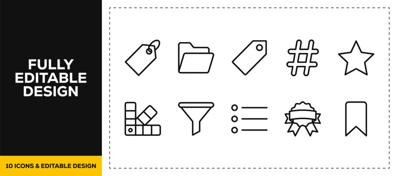 flat vector illustration line art icon bundle set design showcasing classification tag label folder hashtag filter and sorting category graphics for database programs