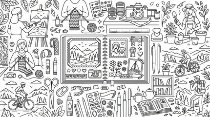 Obraz premium A black and white illustration of various travel related objects and icons.