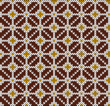 Seamless Nordic Knitting Pattern with Brown and Mustard Geometric Flowers