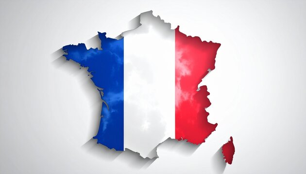 France outline filled with national flag colors, vertical blue, white, red stripes, symbolizing French identity, patriotism, and unity.