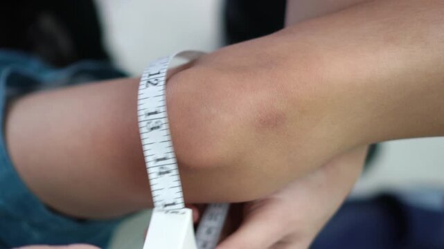 Front View of Measuring Knee Circumference with Measuring Tape Real Footage