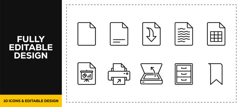 flat vector illustration line art icon bundle set design representing document processing file format pdf sheet text picture and print graphics for office softwares