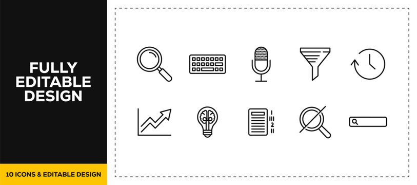 flat vector illustration line art icon bundle set design depicting query search engine filter magnifying glass document and target graphics for internet browser tool