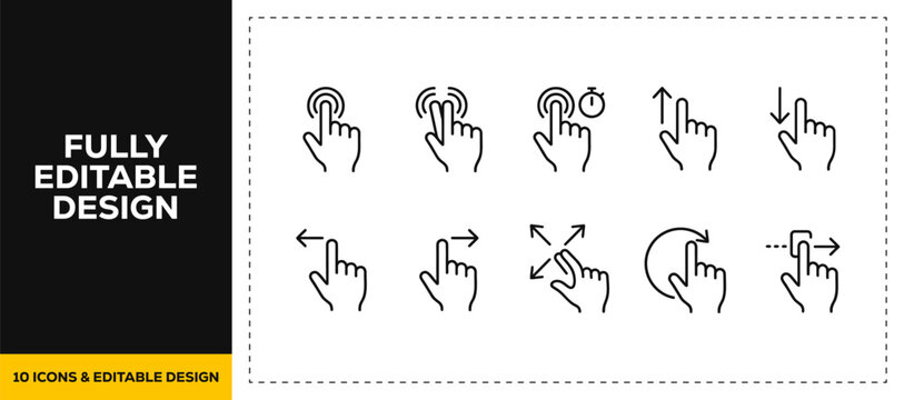 flat vector illustration line art icon bundle set design illustrating touch interaction drag swipe spread pinch zoom and multi touch graphics for tablet screen apps