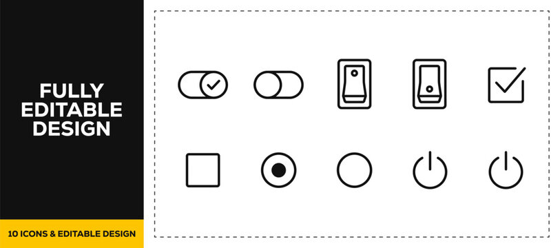 flat vector illustration line art icon bundle set design featuring selection controls radio button checkbox toggle switch play stop and record graphics for media app