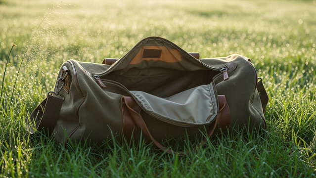 Open Olive Green Canvas Duffel Bag with Leather Trim Resting on Dewy Grass in Morning Sunlight for Travel Concept