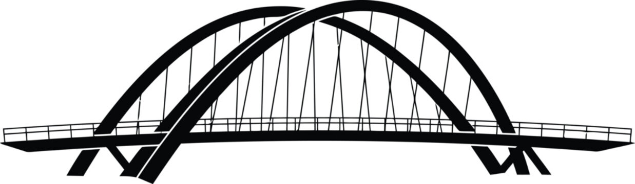 Modern Arch Bridge Silhouette in Black and White, Isolated Structural Vector Illustration