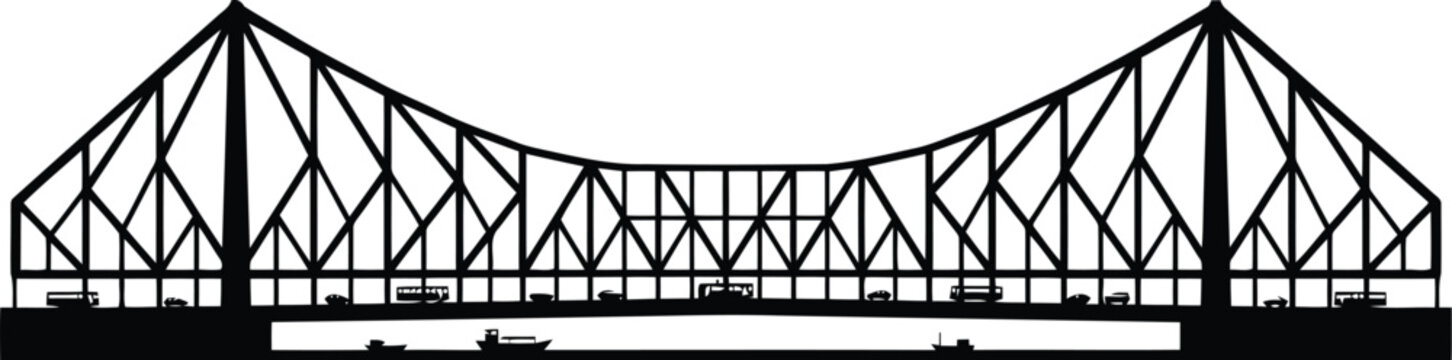 Black steel truss bridge silhouette isolated on white, industrial transportation infrastructure design element