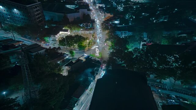 Night Aerial timelapse of Liloan Parola Lighthouse Replica roundabout.