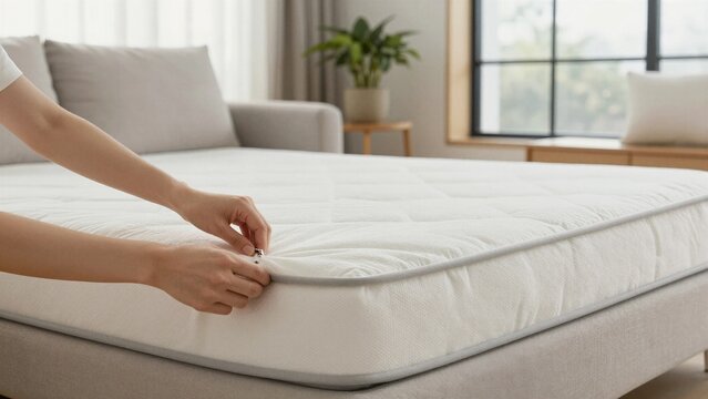 Close up of person's hands fastening the zipper on a white quilted mattress protector, ensuring it fits snugly over the bed in a bright room.