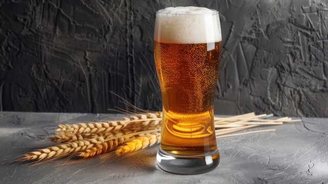 Refreshing golden beer in a tall glass with wheat stalks on a textured surface