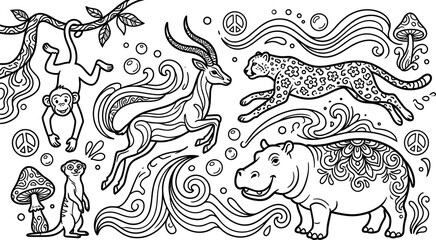 Psychedelic safari wild animals doodle art illustration set in black line outline vector style © Afroja